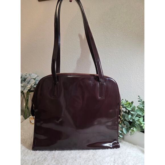 Salvatore Faragamo Shoulder Bag Brown Enamel Leather Tote - Picture 1 of 16